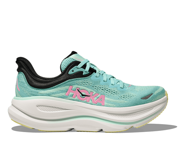 This Hoka Bondi 9 has a light colored upper with a black collar just below the ankle bones.