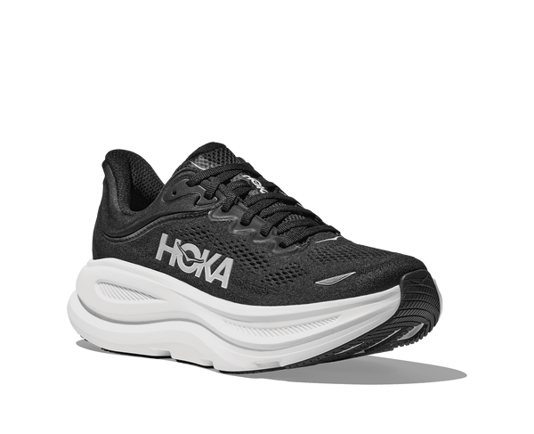 The Hoka Bondi 9 has a sleek looking upper despite how high the shoes stack height is.