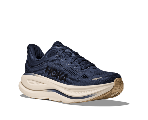 Navy running shoe with white sole on a transparent background