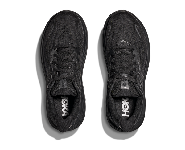 A birds-eye view of this shoe shows black laces and black insoles.