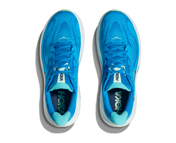 A birds-eye view of this shoe shows blue laces that match the upper and navy insoles.