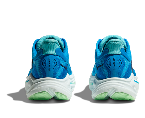 The top of the heel of this shoe uses a teal mesh while the bottom uses a sky blue mesh.