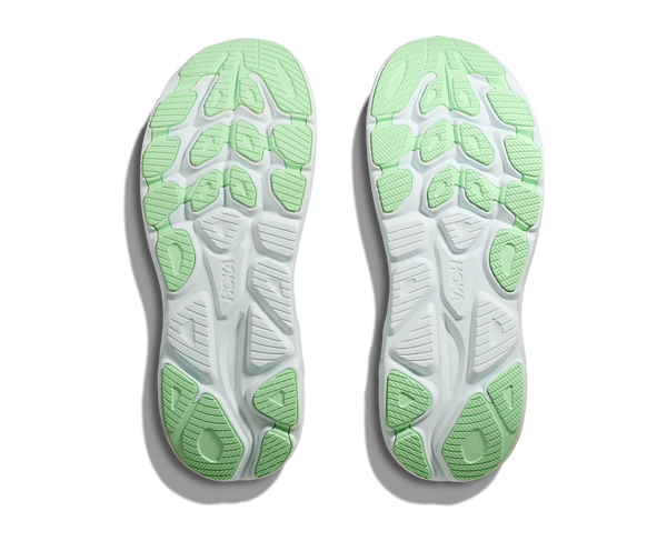 Lime green rubber is used on the outsole of this shoe to contrast the white midsole.