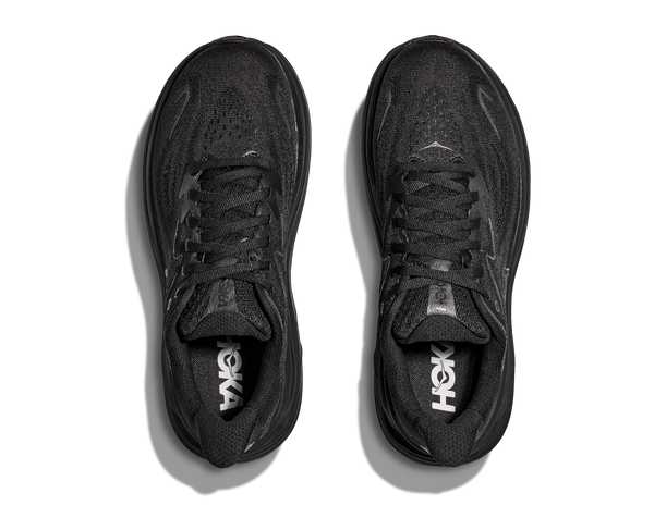 A birds-eye view of this shoe shows black laces and black insoles.