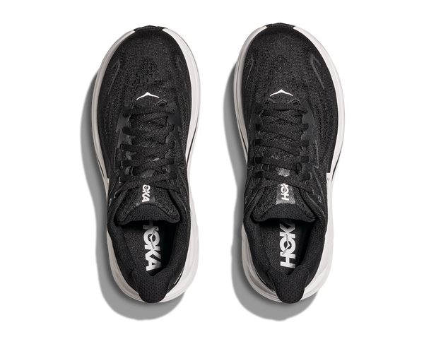 A birds-eye view of this shoe shows black laces and black insoles.