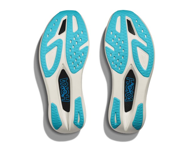 Sky blue rubber is used on the outsole of the shoe mostly around the toe.