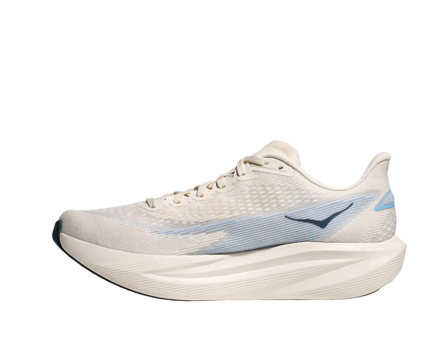 White running shoe with blue accents on a white background