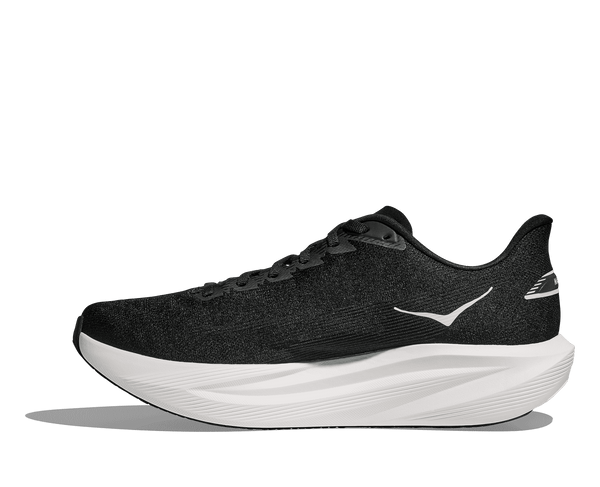 Black running shoe with white sole on a transparent background