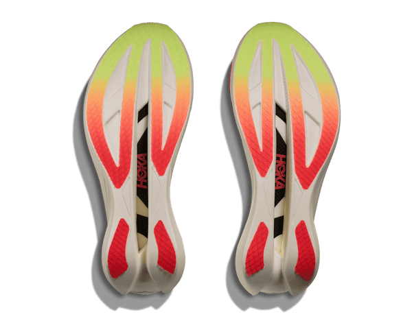 Colorful outsole of a carbon plated Hoka running shoe.