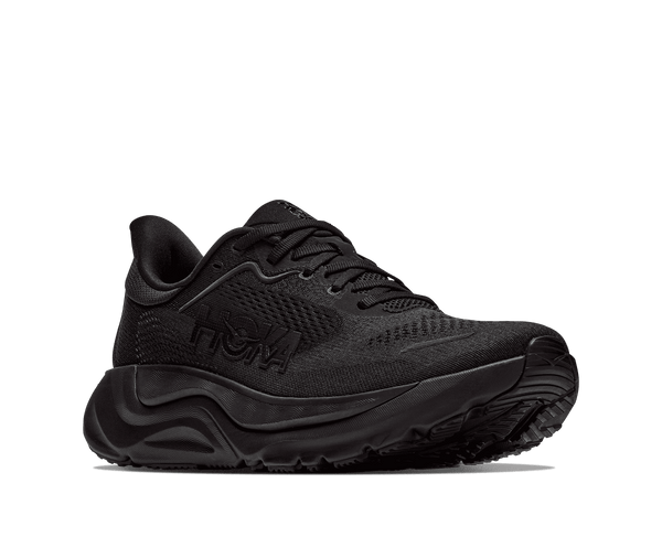 All black running shoe on a white background