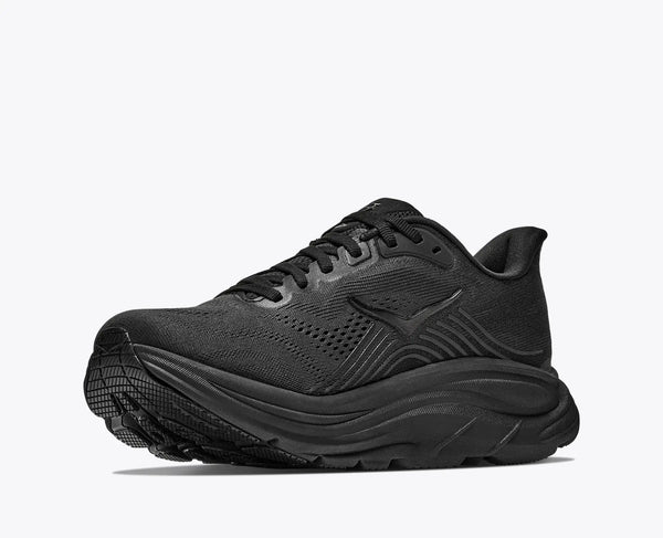 Black running shoe with Hoka branding on a white background
