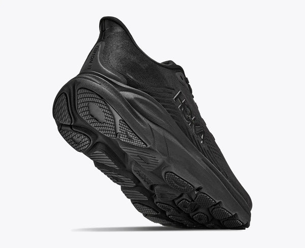 Black running shoe with Hoka branding on a white background