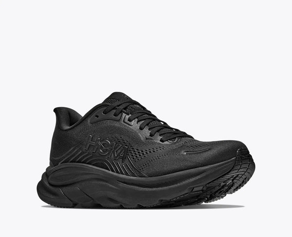 Black running shoe with Hoka branding on a white background
