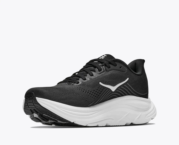 Black running shoe with white sole on a white background