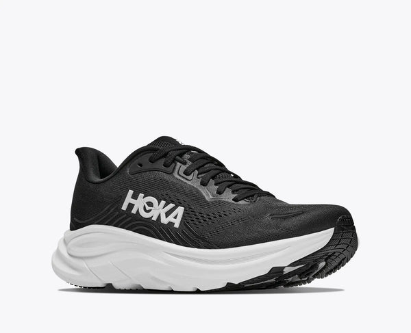 Black Hoka running shoe on a white background