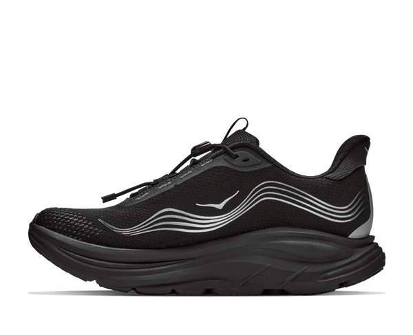 A black running shoe with a thick black sole and silver wavy stripe accents on the side, shown in profile against a white background.