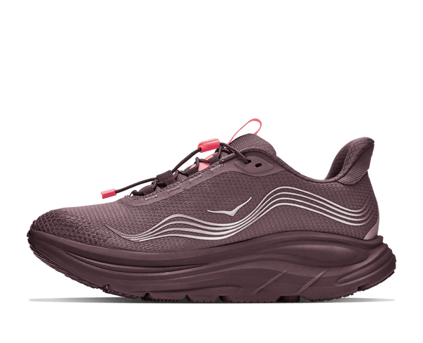 A single athletic sneaker in a muted plum-brown color with a white wavy stripe detail on the side and small bright pink accents near the laces and heel pull tab.