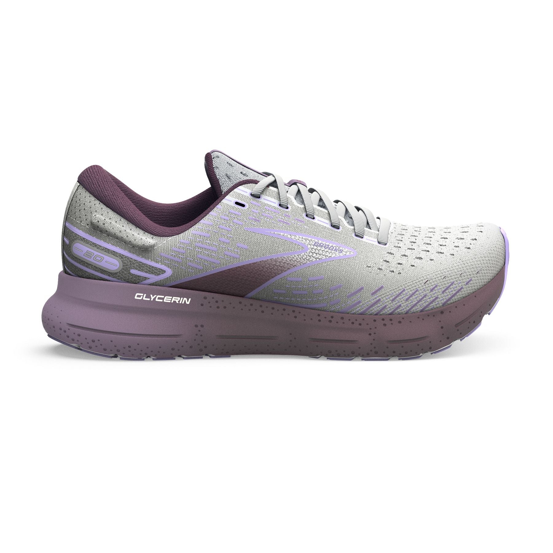 Lateral view of the Women's Glycerin 20 by Brooks in the color White/Orchid Lavender