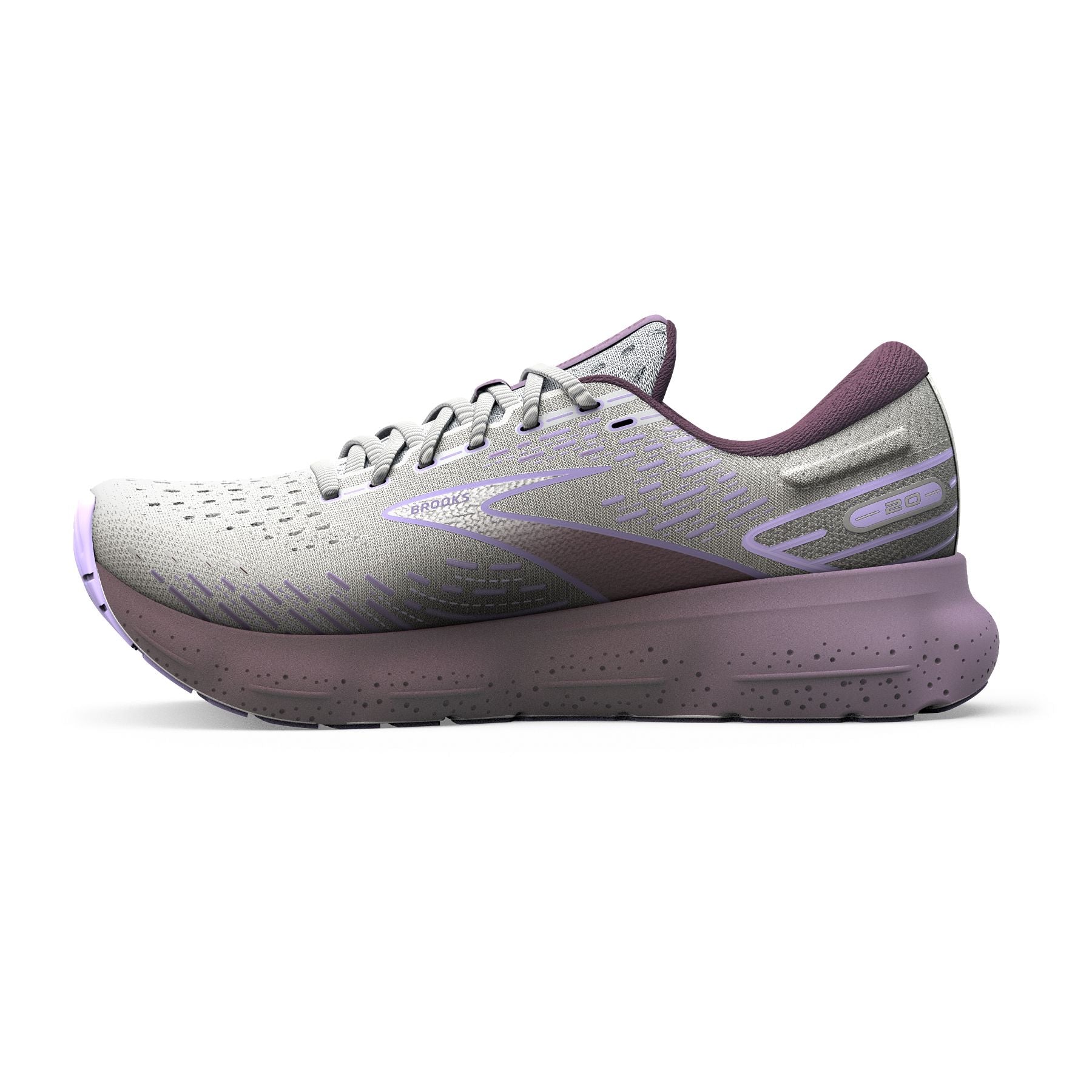 Medial view of the Women's Glycerin 20 by Brooks in the color White/Orchid Lavender