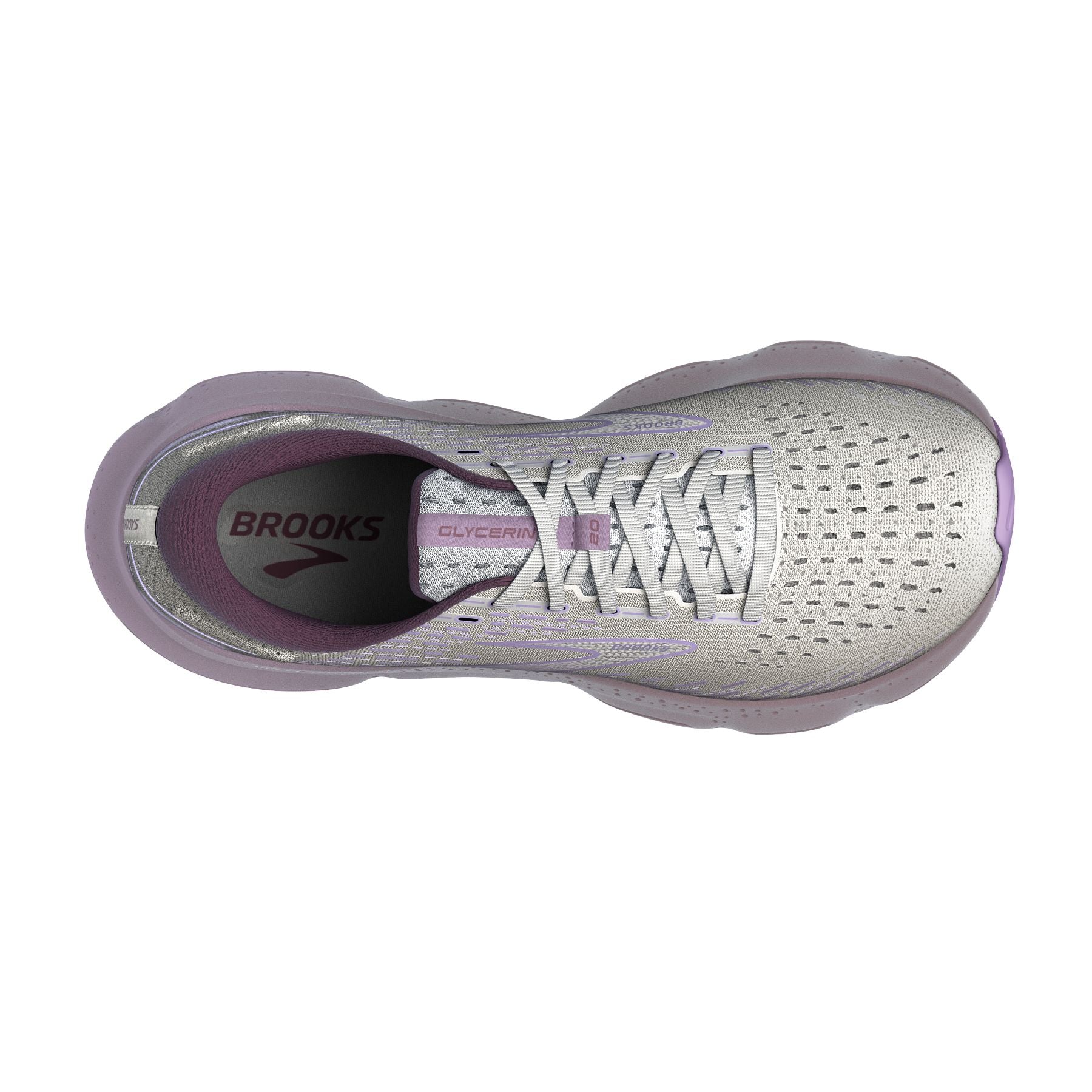 Top view of the Women's Glycerin 20 by Brooks in the color White/Orchid Lavender