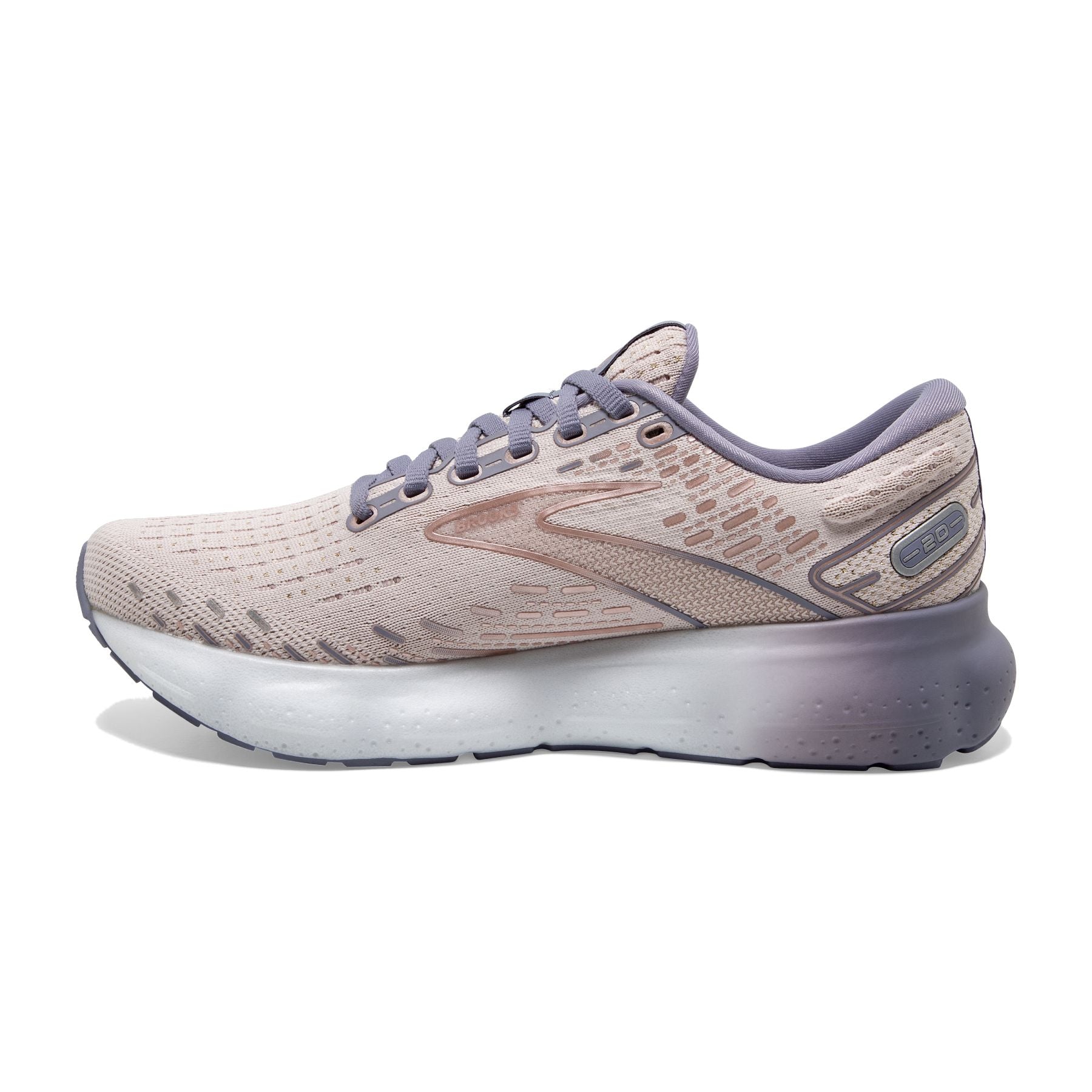 Medial view of the Women's Glycerin 20 by Brooks in the color Lilac/Silver Bullet/Pink
