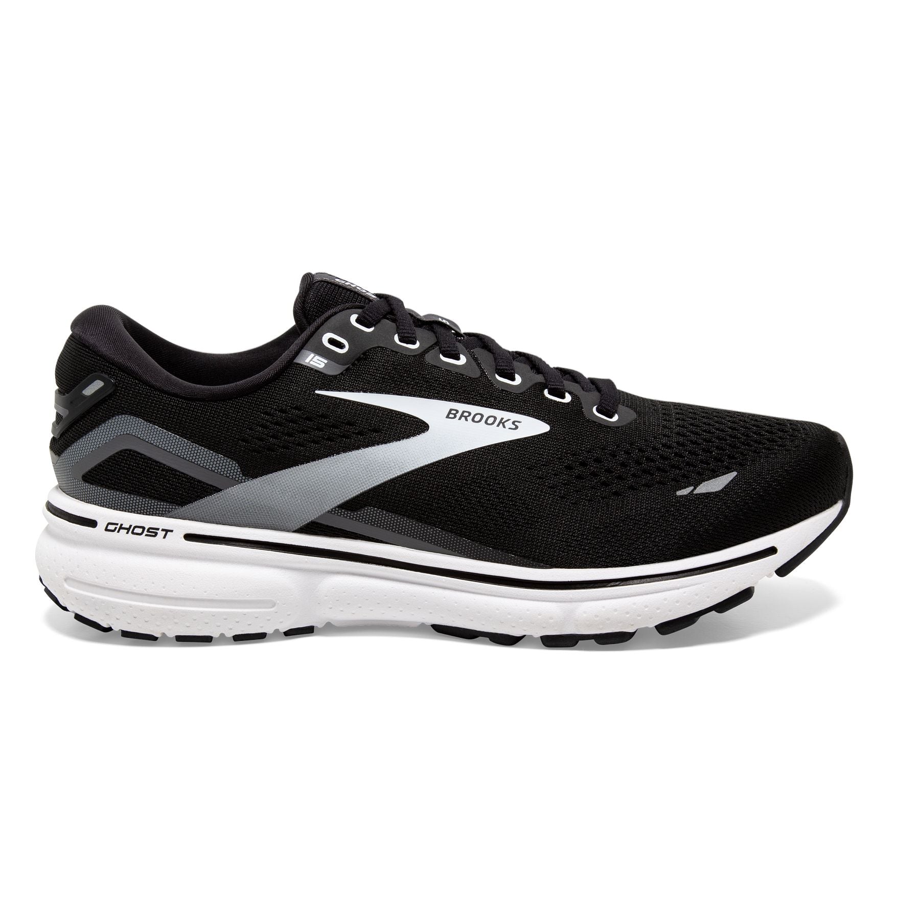 Lateral view of the Women's Ghost 15 in the wide D width, color Black/BlackenedPearl/White