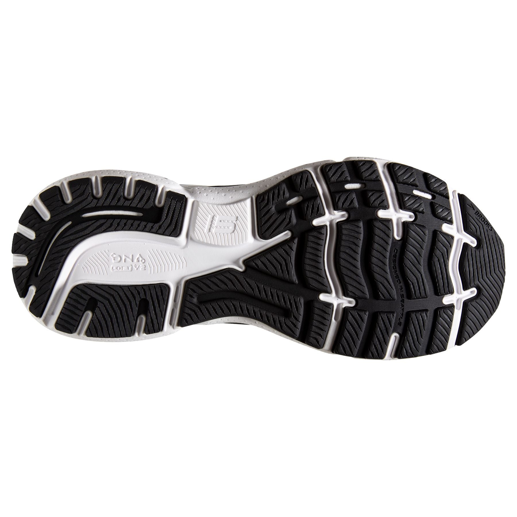 Bottom (outer sole) view of the Women's Ghost 15 in Black/BlackenedPearl/White