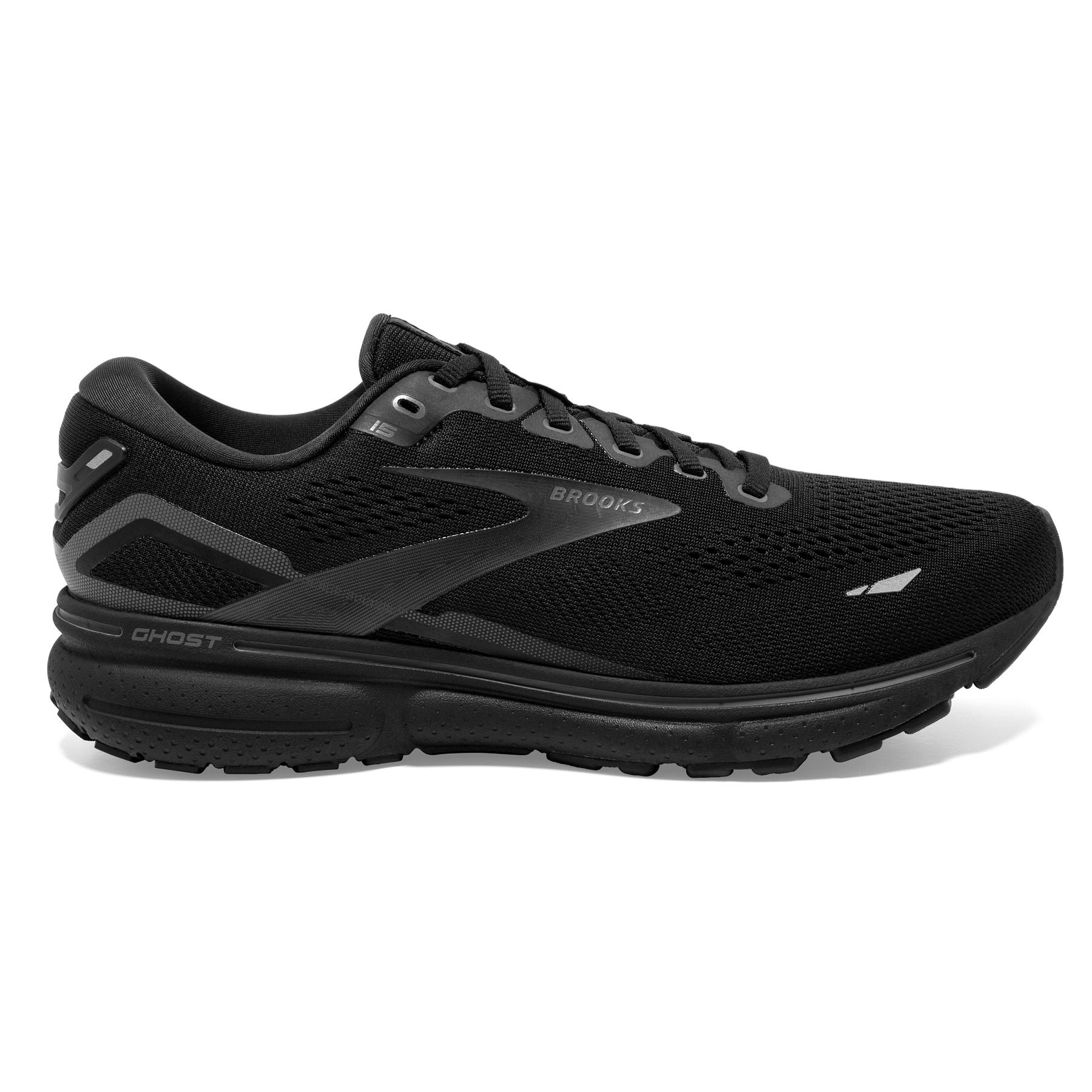 Lateral view of the Women's Ghost 15 in the wide D width, color Black/Black/Ebony