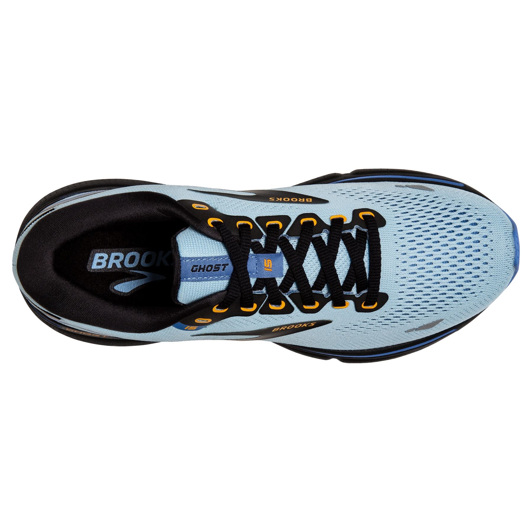Top view of the Women's Ghost 15 in Light Blue/Black/Yellow