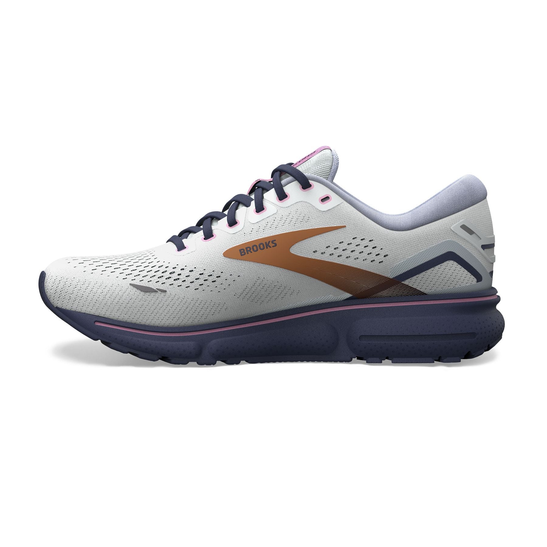 Medial view of the Brooks Women's Ghost 15 in Spa Blue/NeoPink/Copper
