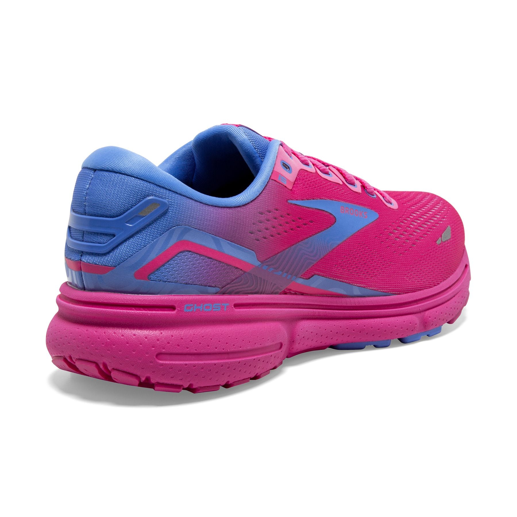 Back angle view of the Women's Ghost 15 by Brooks in the color Pink Glo/Blue/Fuchsia