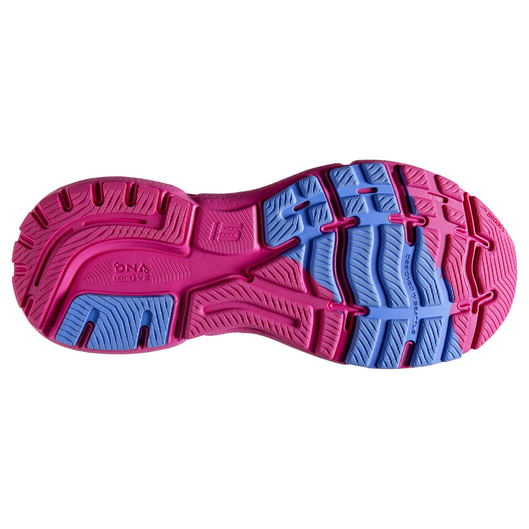 Bottom (outer sole) view of the Women's Ghost 15 by Brooks in the color Pink Glo/Blue/Fuchsia