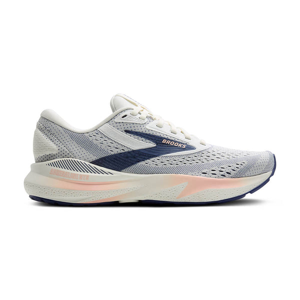 This Adrenaline GTS 24 has a white upper with blue accents and a white midsole with pink accents.