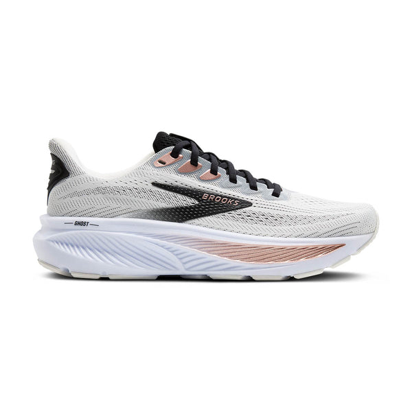 This Ghost 17 has a white upper and white midsole with rose gold and black accents.