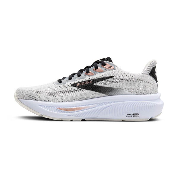 Gray running shoe with black and pink accents on a white background