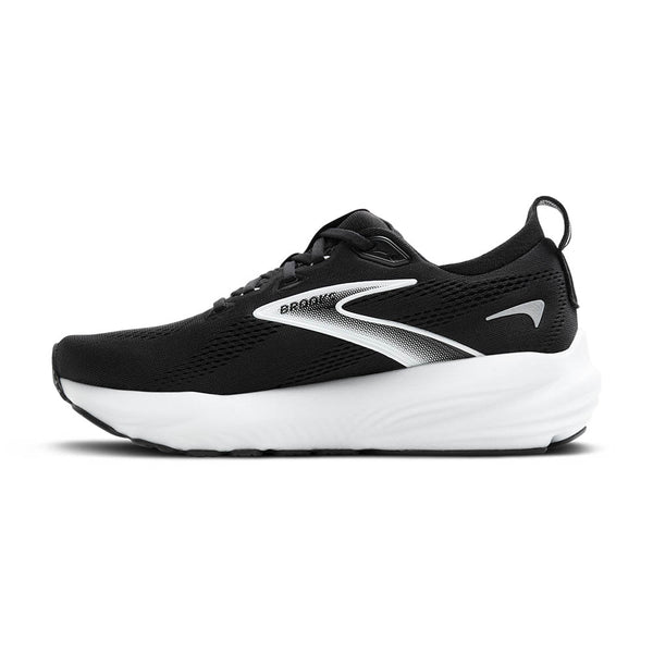 The gradient black and white Brooks logo pops against the black upper.