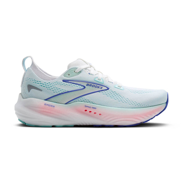 This Women's Glycerin 22 features a light blue and white upper with a white and pink midsole.