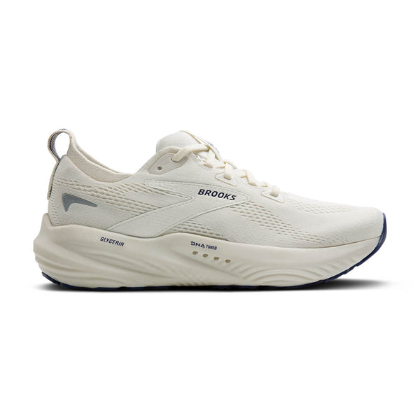 This Brooks Glycerin 22 is monochromatic with a all white upper and midsole.