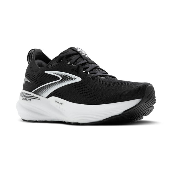 Black and white gradient Brooks logo on the black upper leads down to the white midsole.