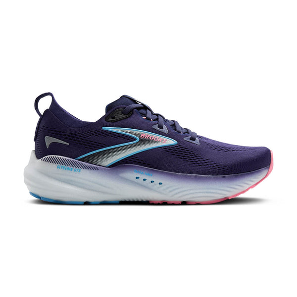 The gradient Brooks logo with a blue outline and pink lettering provides a stark contrast against the dark purple upper.