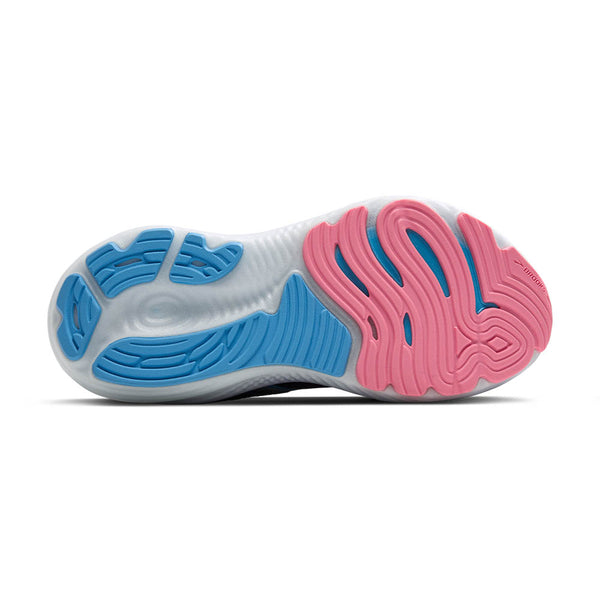 Pink rubber is used on the top half of the outsole and blue rubber is used on the bottom.