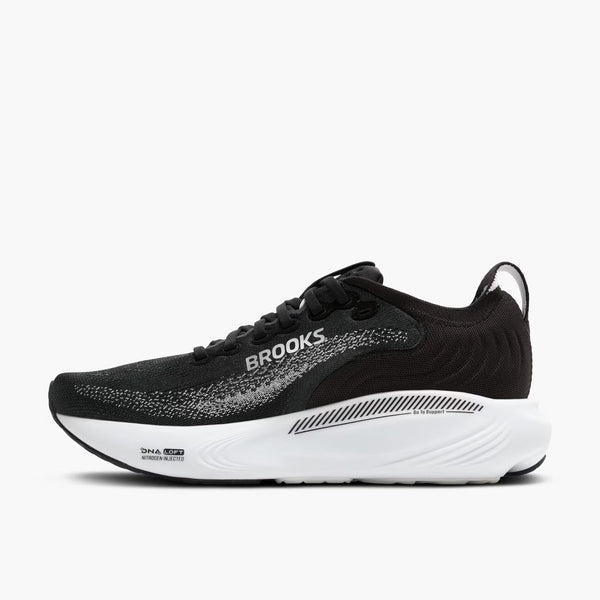 Black running shoe with white sole on a white background