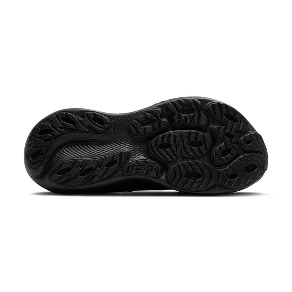 The outsole of this all black running shoe is also black.