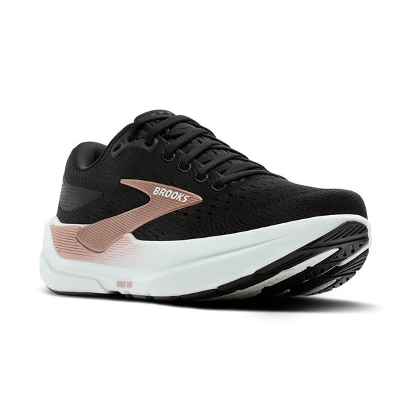 This women's shoe has an all black upper adn a Rose Gold Brooks logo.
