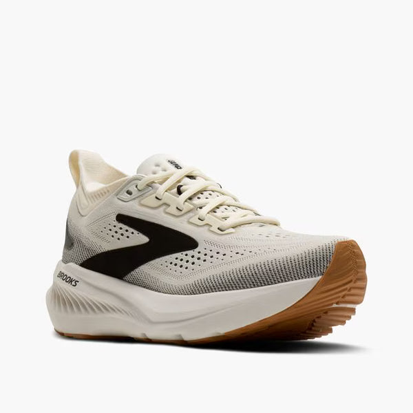 White running shoe with black accents on a white background
