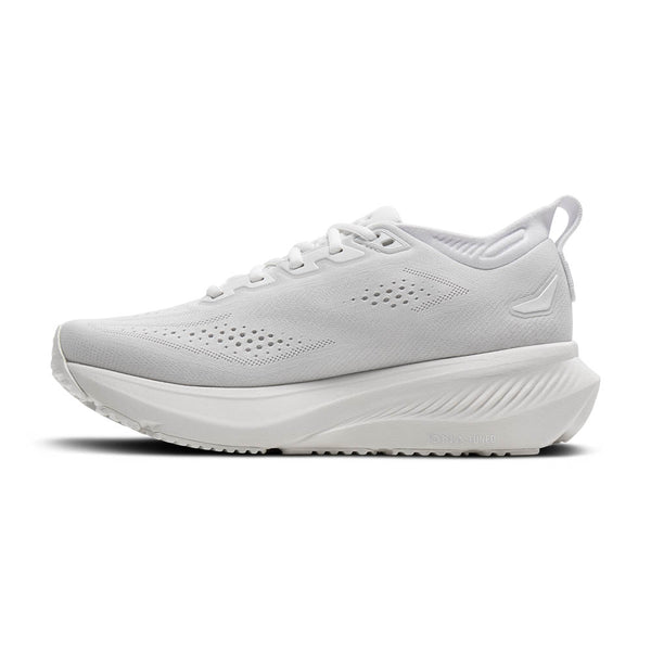 Medial side of a white running shoe on a white background