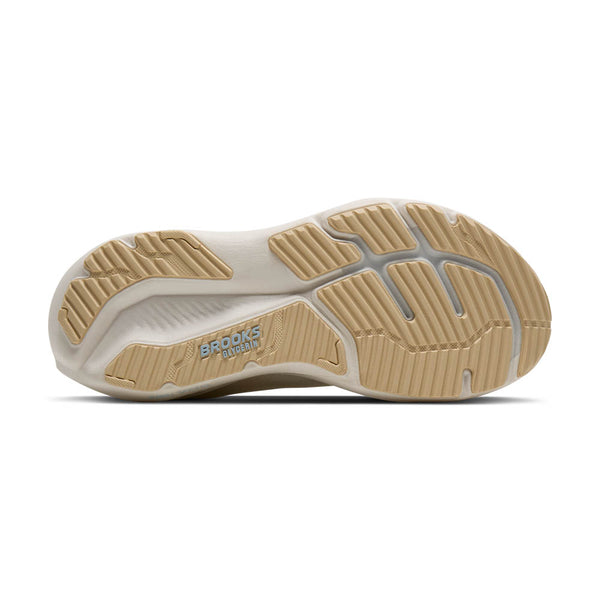 Sole of a running shoe with 'Brooks' branding on a white background