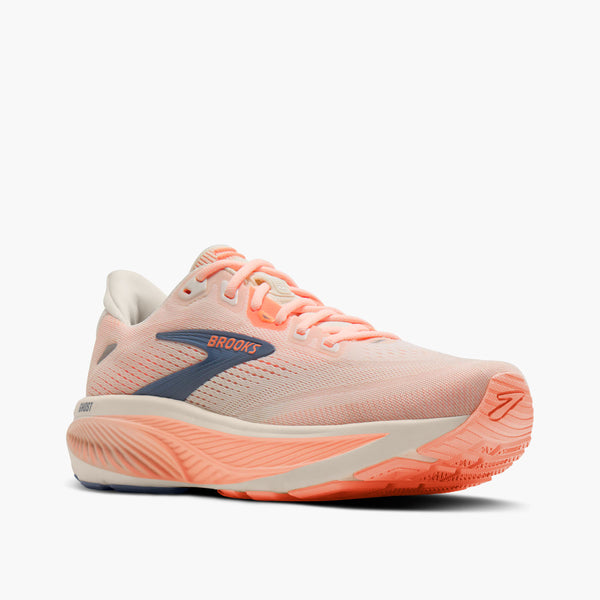 Pink running shoe with 'Brooks' branding on a white background