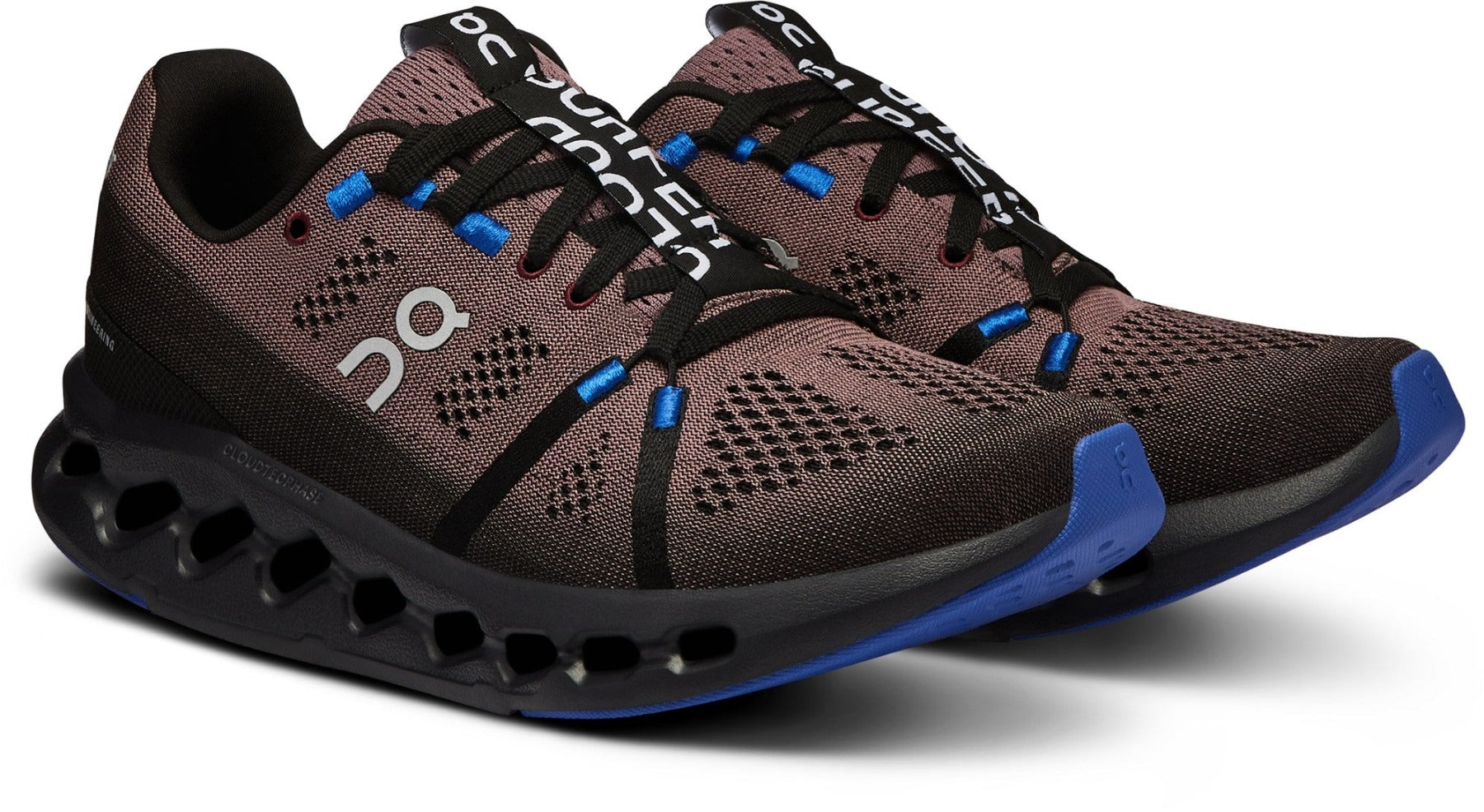 Front angle view of the Women's Cloudsurfer by ON in the color Black/Cobalt\