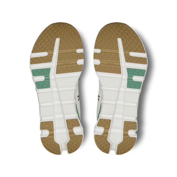 Back view of white athletic shoes with brown soles on a transparent background